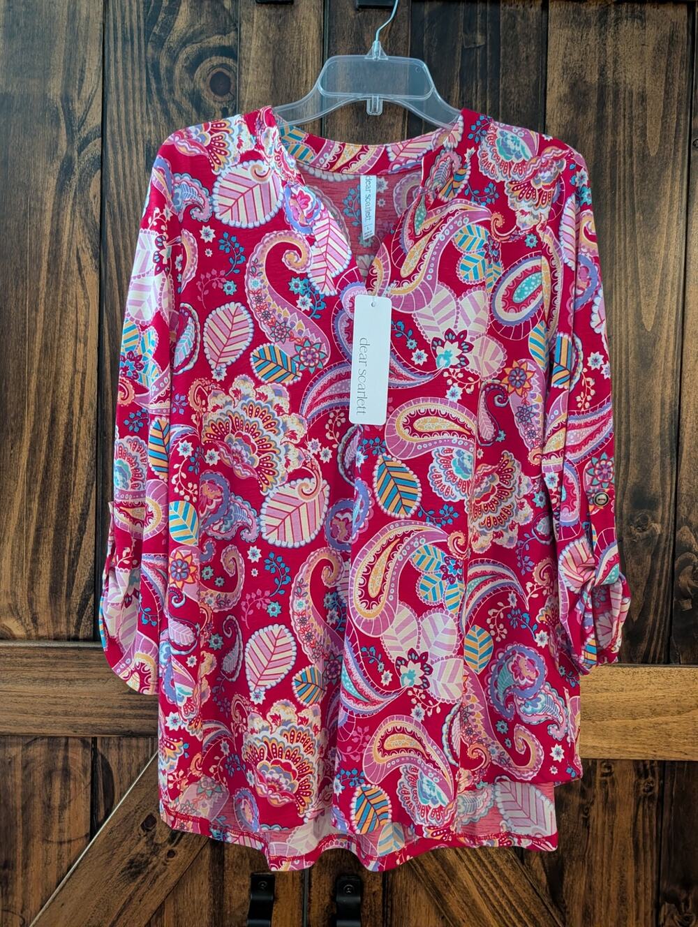 NWT Dear Scarlett Lizzy womens sz L pink paisley Wrinkle Free Easy Care Blouse